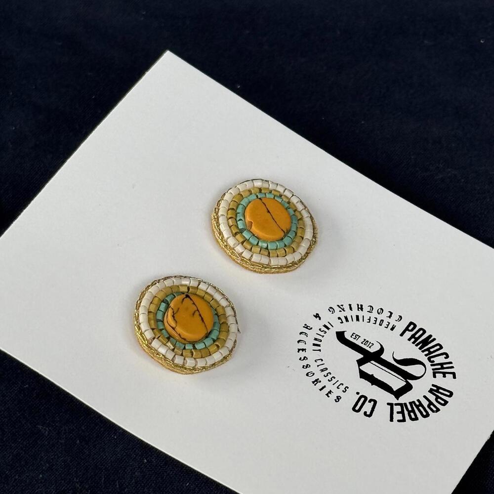 NWT PANACHE CO. Beaded Stud Earring Yellow/Teal Shabby Chic Retro Western